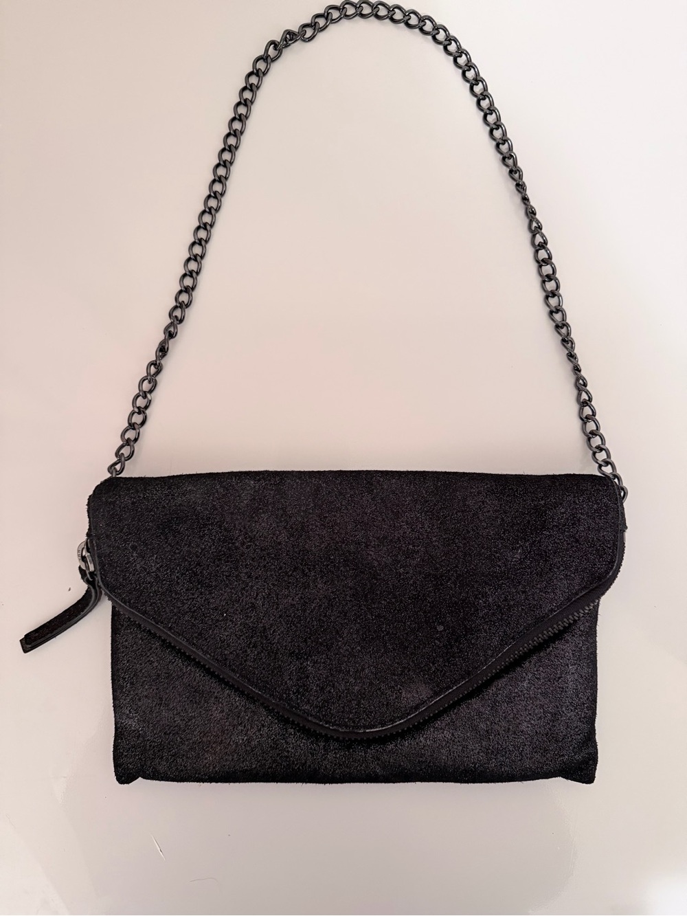 Black Faux Suede Envelope Shoulder Bag with Chain Strap